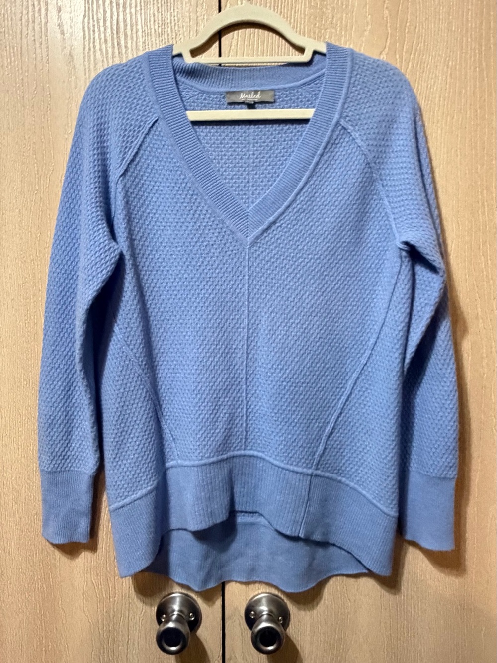 Marled Soft Blue 100% Cashmere V-Neck Textured Knit Sweater